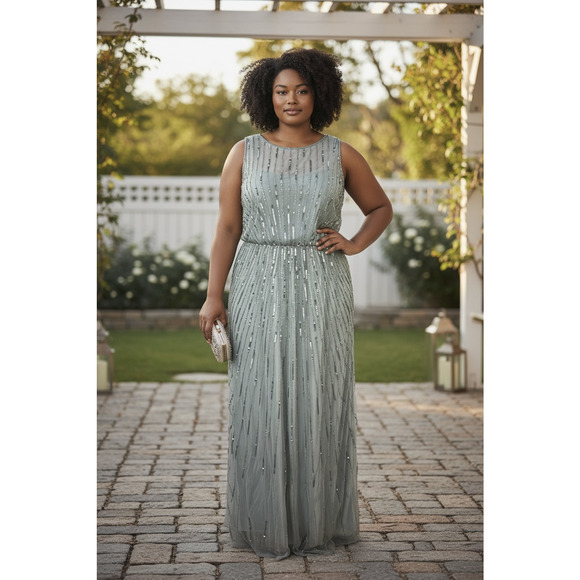 JKARA Beaded Sequin Mesh Evening Dress Plus Size 16 Mother Of Bride Formal NWT - Picture 3 of 16